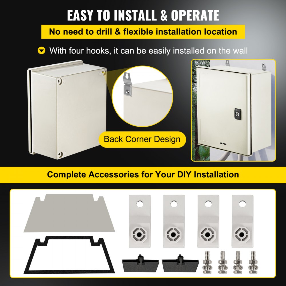 VEVOR fiberglass electrical enclosure with wall hooks and installation accessories.