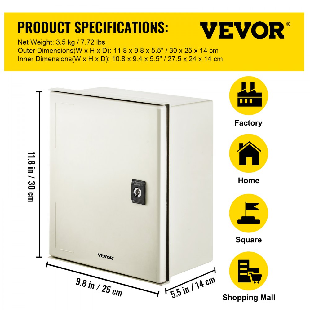 VEVOR fiberglass electrical enclosure with dimensions and icons for factory, home, and shopping mall.