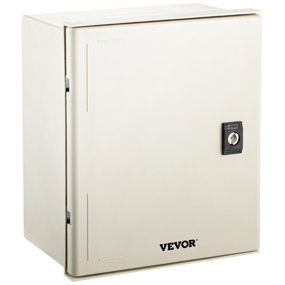 VEVOR fiberglass electrical enclosure with lockable door and beige finish.