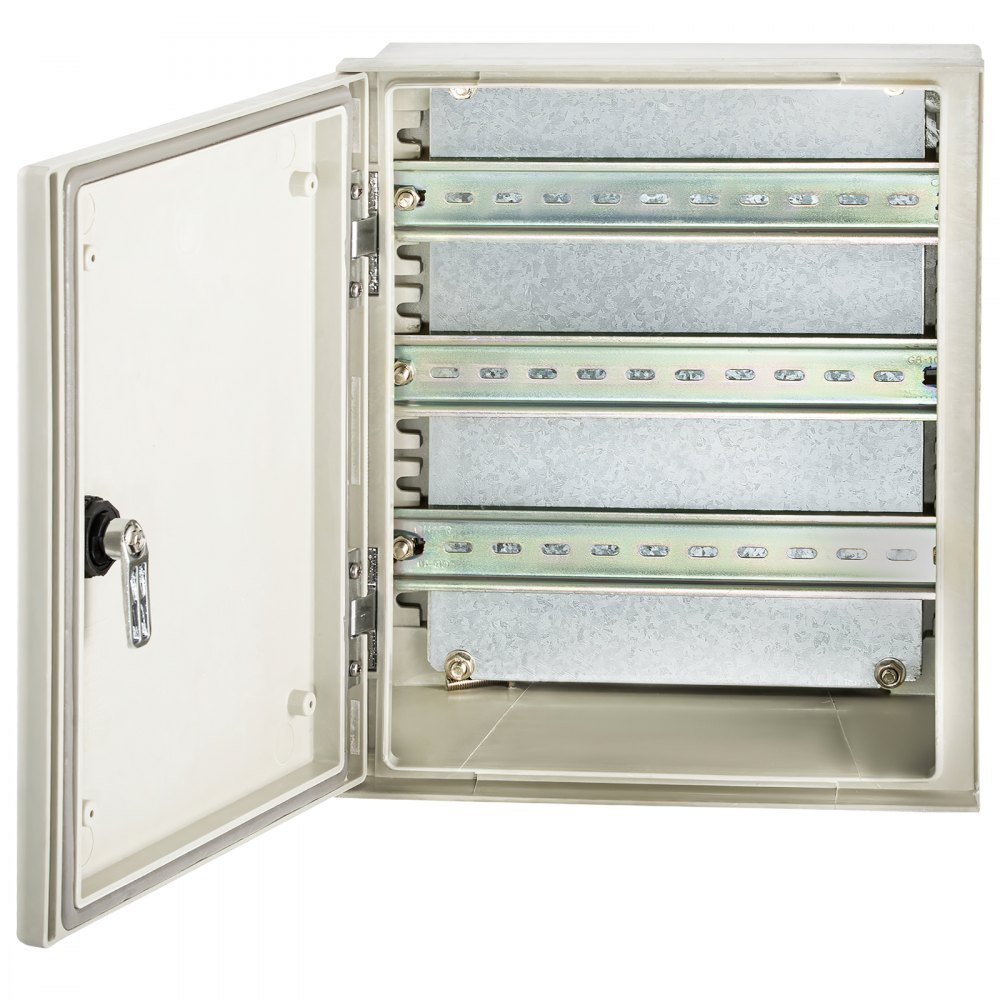 VEVOR fiberglass electrical enclosure with open door, showing internal compartments and lock.