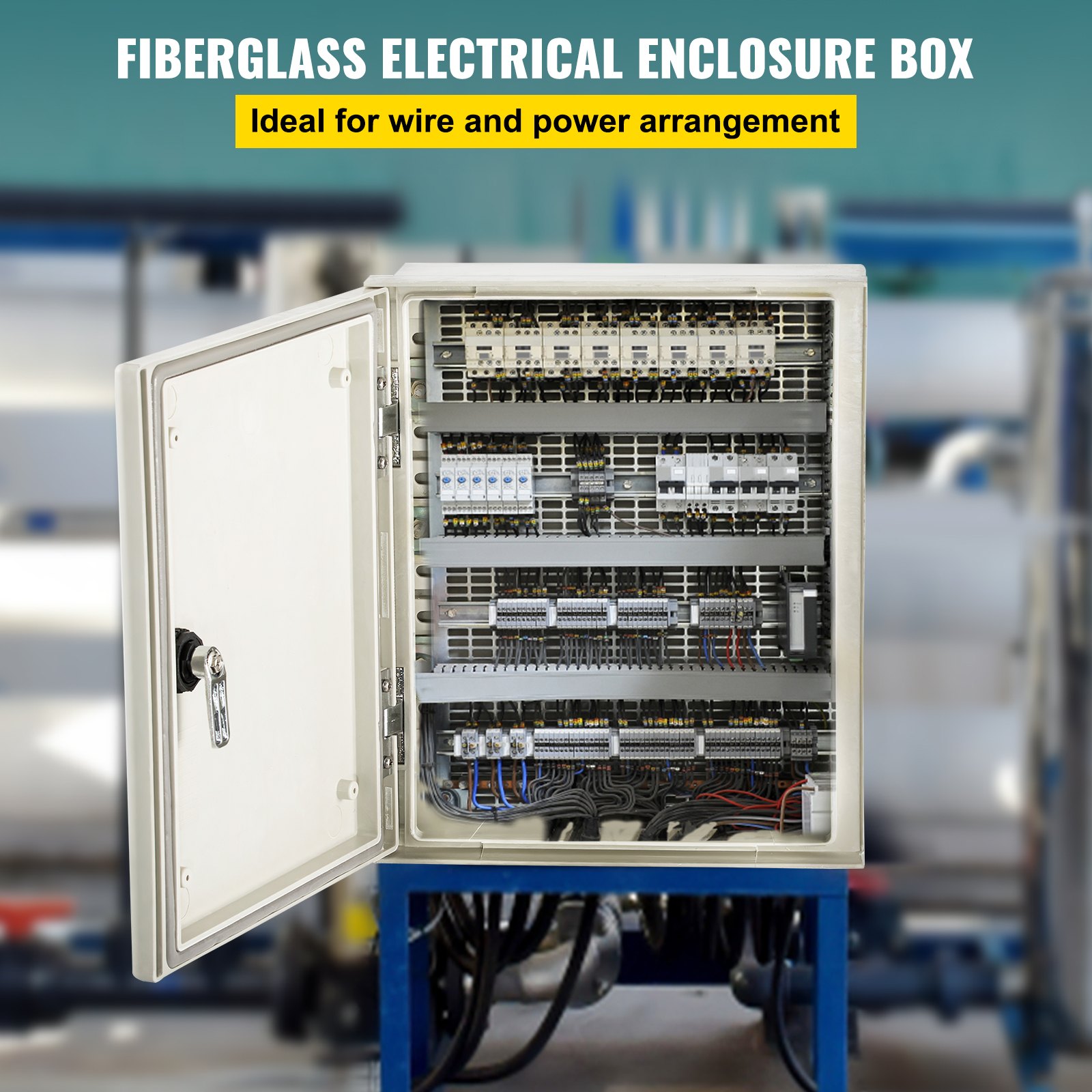 VEVOR fiberglass electrical enclosure with open door displaying detailed wiring.