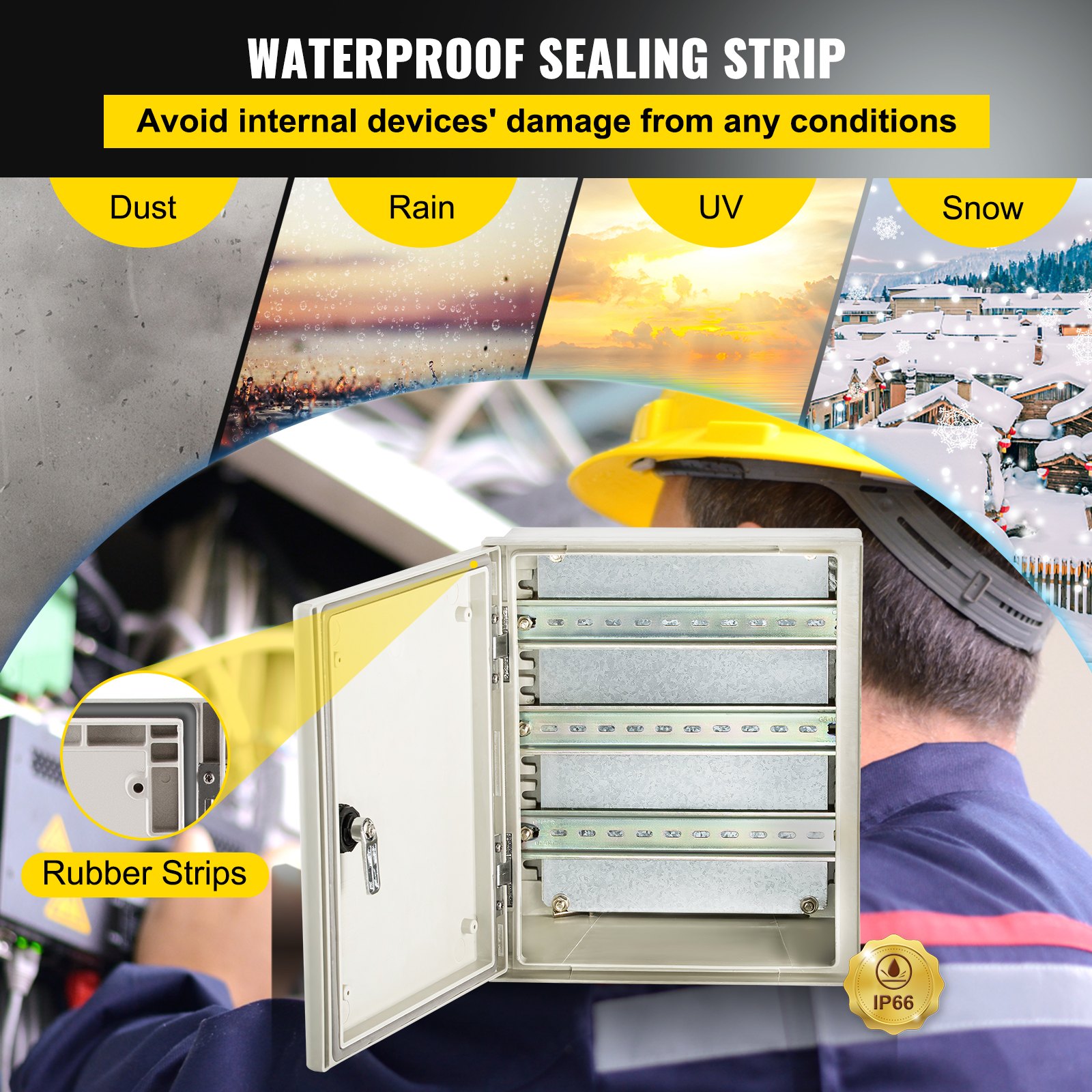 VEVOR fiberglass electrical enclosure with waterproof sealing strips for all conditions.