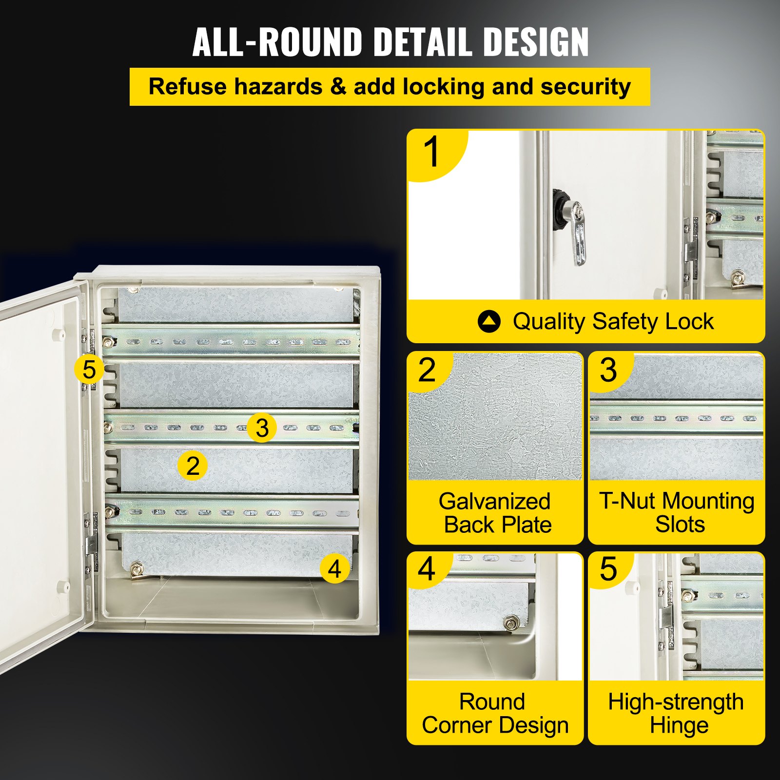 VEVOR fiberglass electrical enclosure with safety lock, galvanized back plate, and t-nut slots.