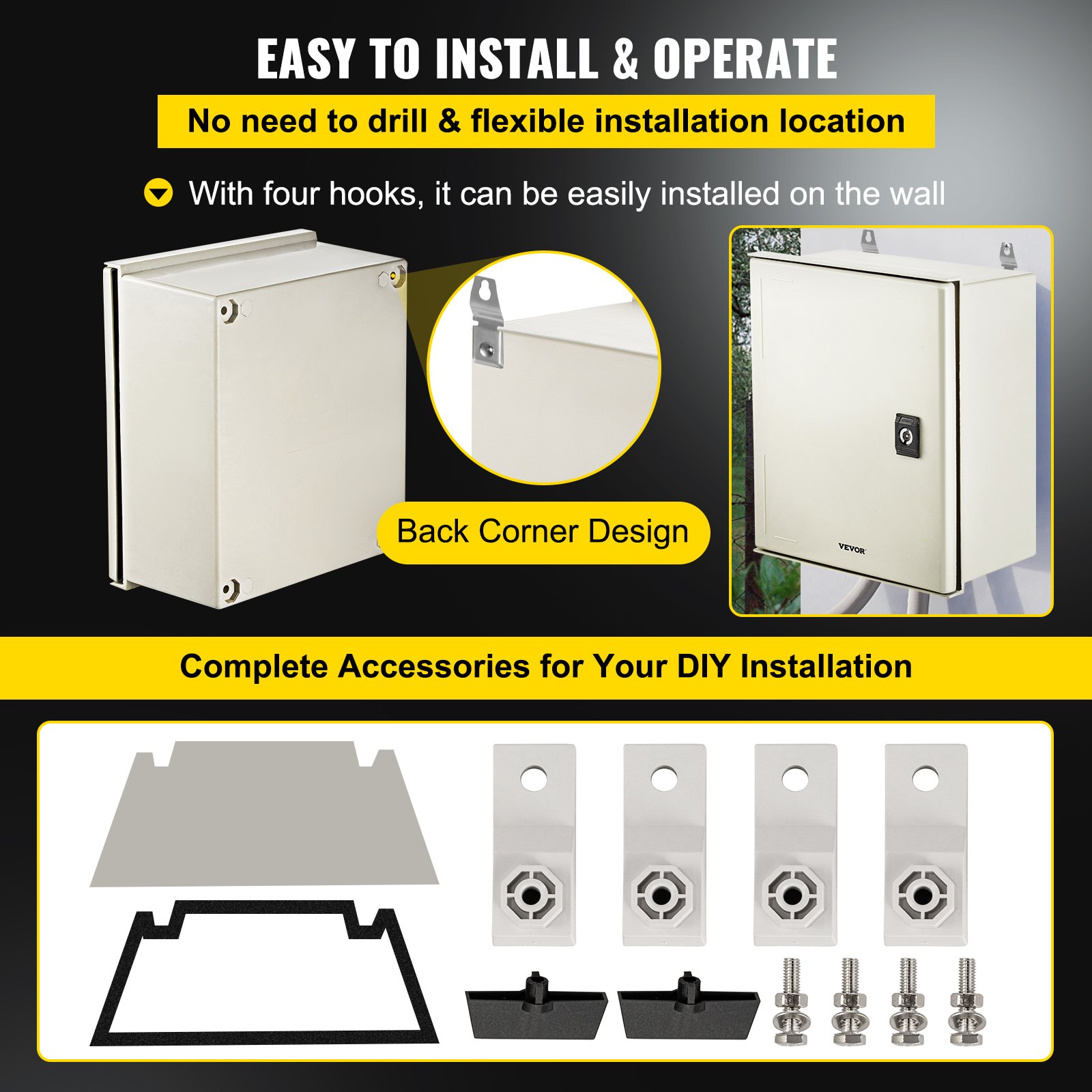 VEVOR fiberglass electrical enclosure with wall hooks and installation accessories.