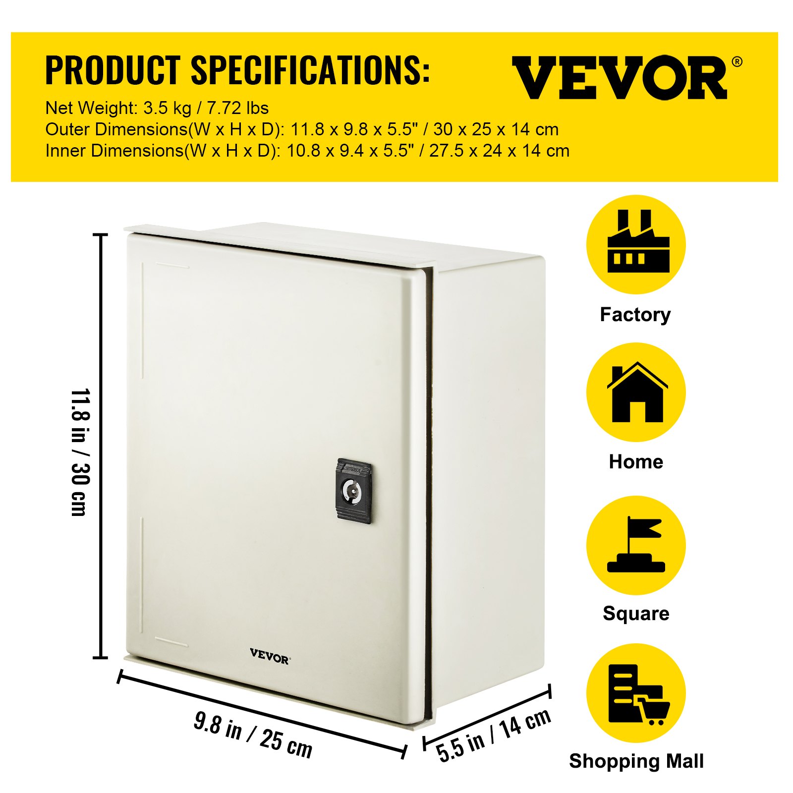 VEVOR fiberglass electrical enclosure with dimensions and icons for factory, home, and shopping mall.