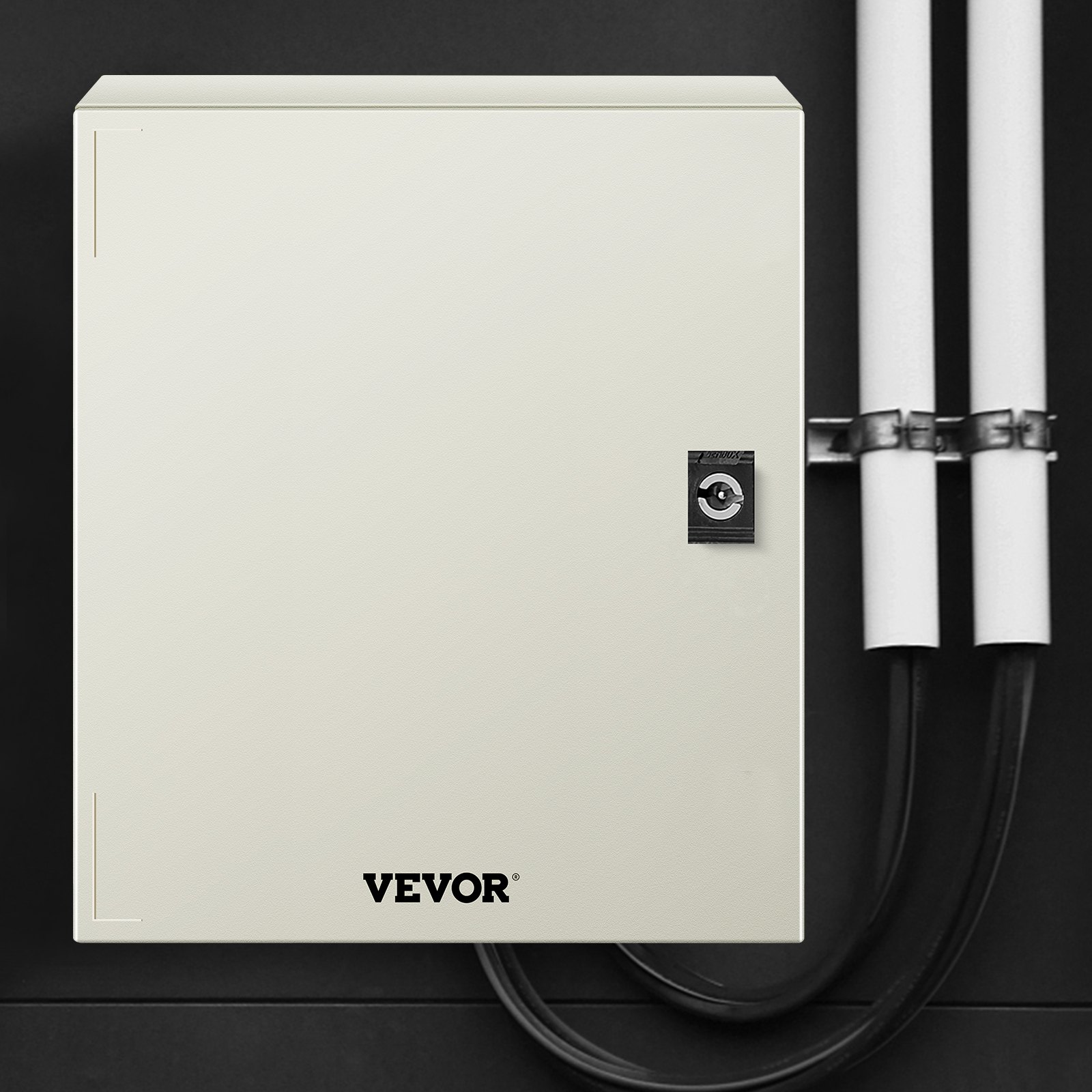 VEVOR fiberglass electrical enclosure with mounted pipes and secure lock.