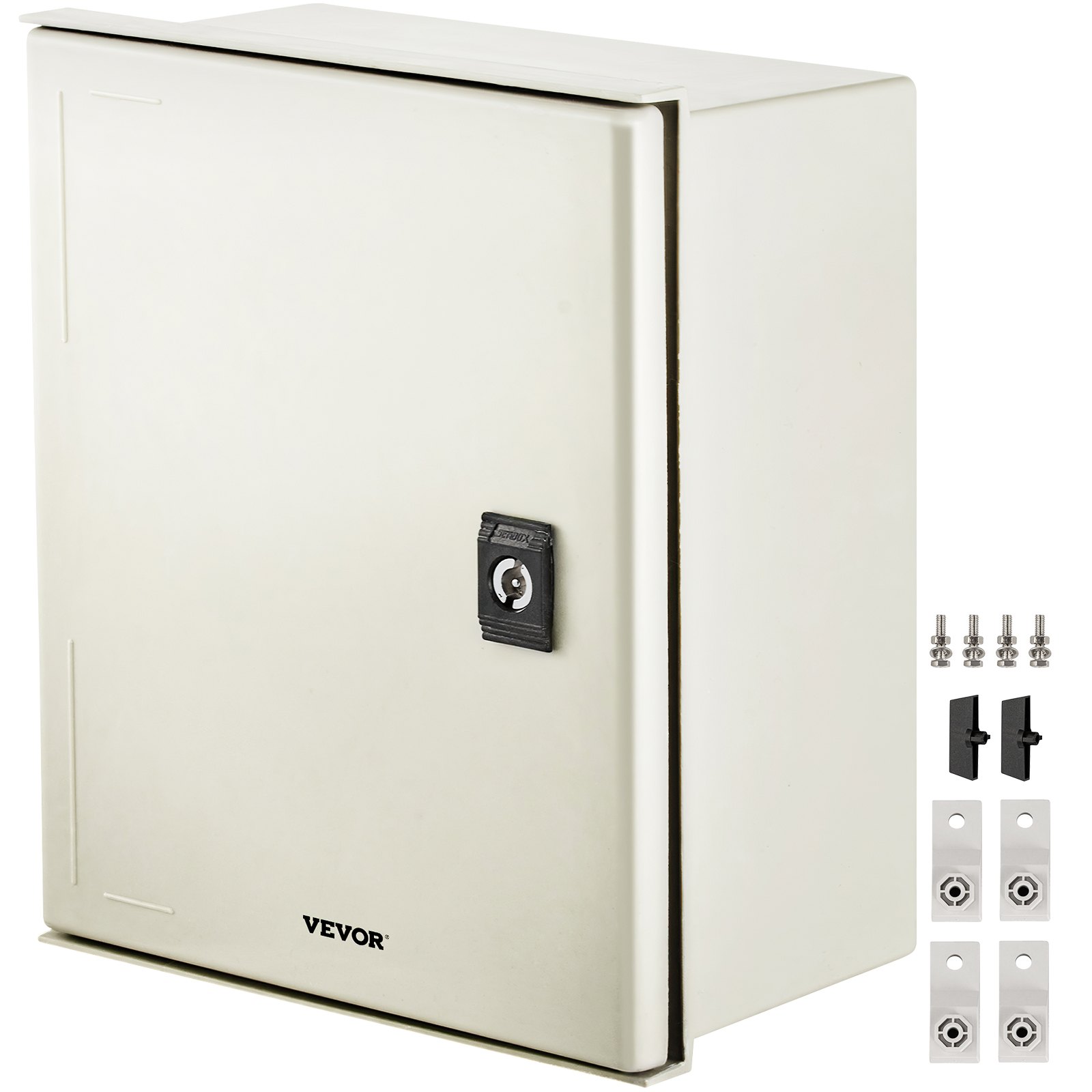 VEVOR fiberglass electrical enclosure with mounting hardware and lock.