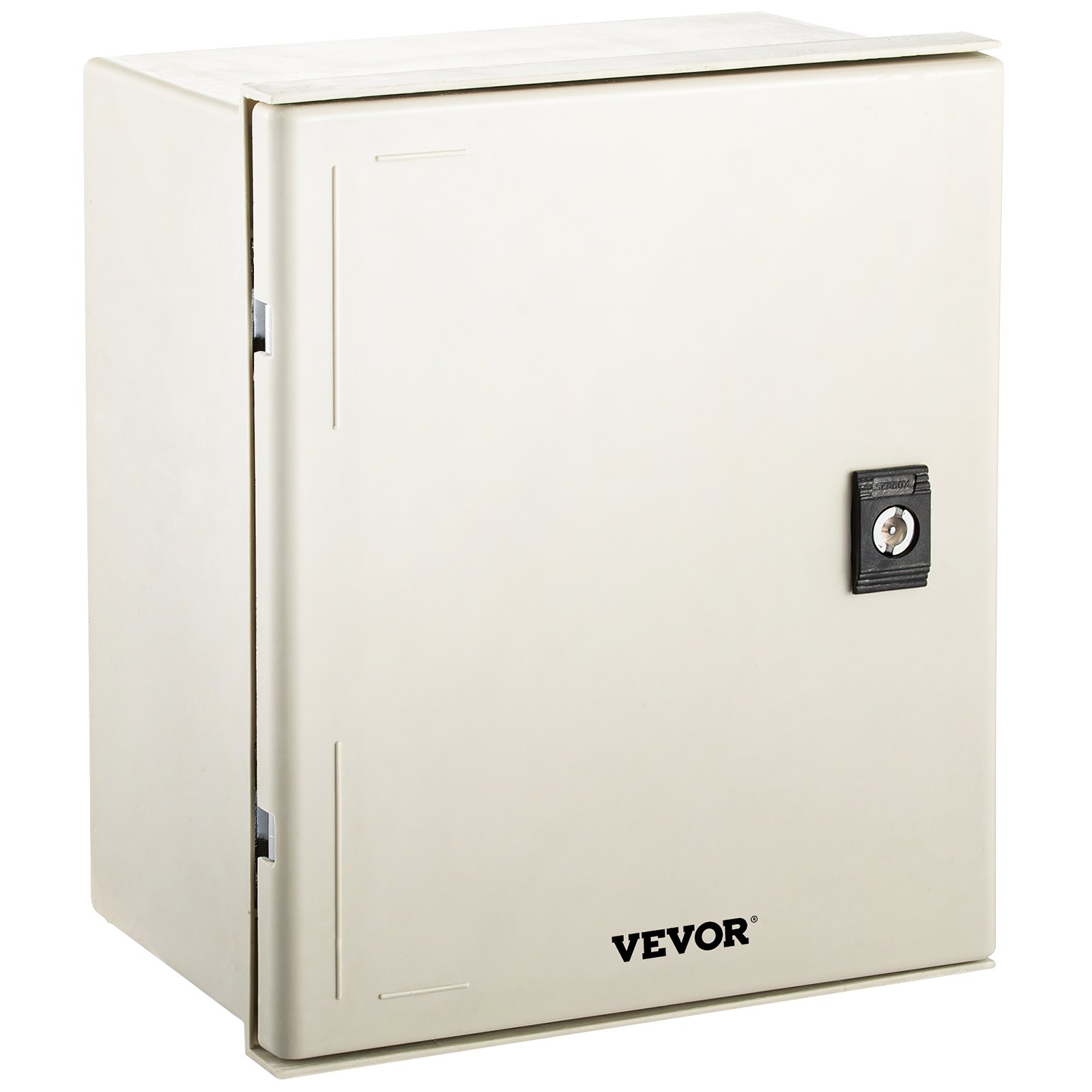 VEVOR fiberglass electrical enclosure with lockable door and beige finish.