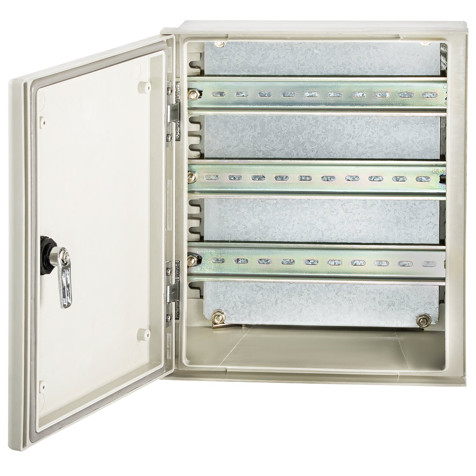 VEVOR fiberglass electrical enclosure with open door, showing internal compartments and lock.
