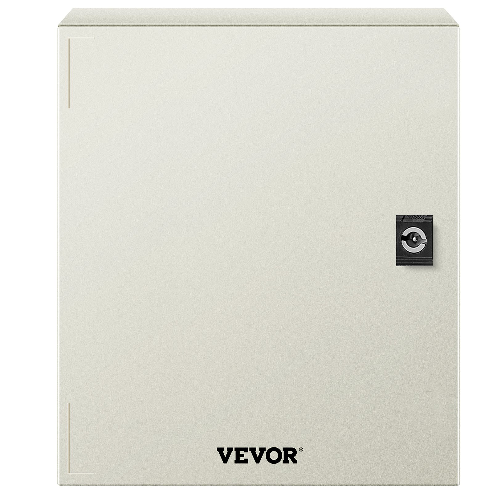 VEVOR fiberglass electrical enclosure with lock and plain cream-colored surface.