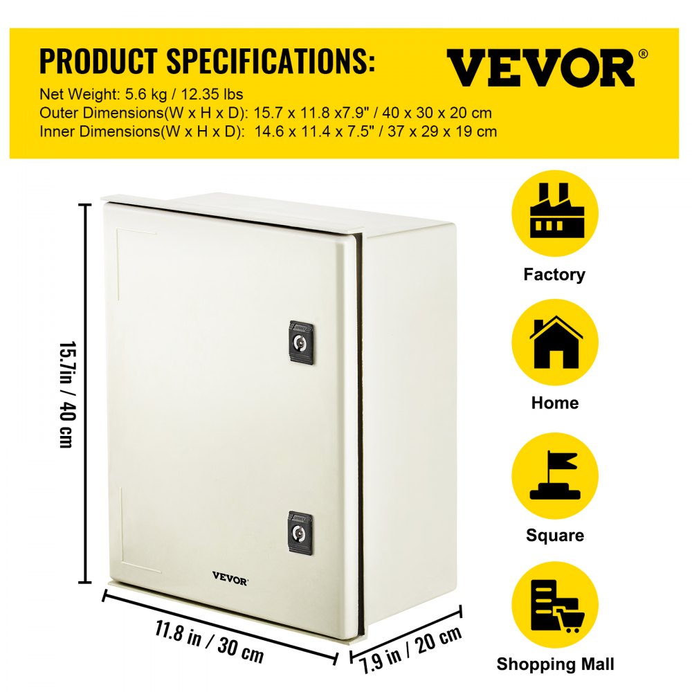 VEVOR NEMA Steel Enclosure, 16 x 12 x 8\'\' NEMA 4X Fiberglass Electrical Box, IP66 Waterproof & Dustproof, Outdoor/Indoor Electrical Junction Box, with Mounting Plate(40 x 30 x 20 cm)