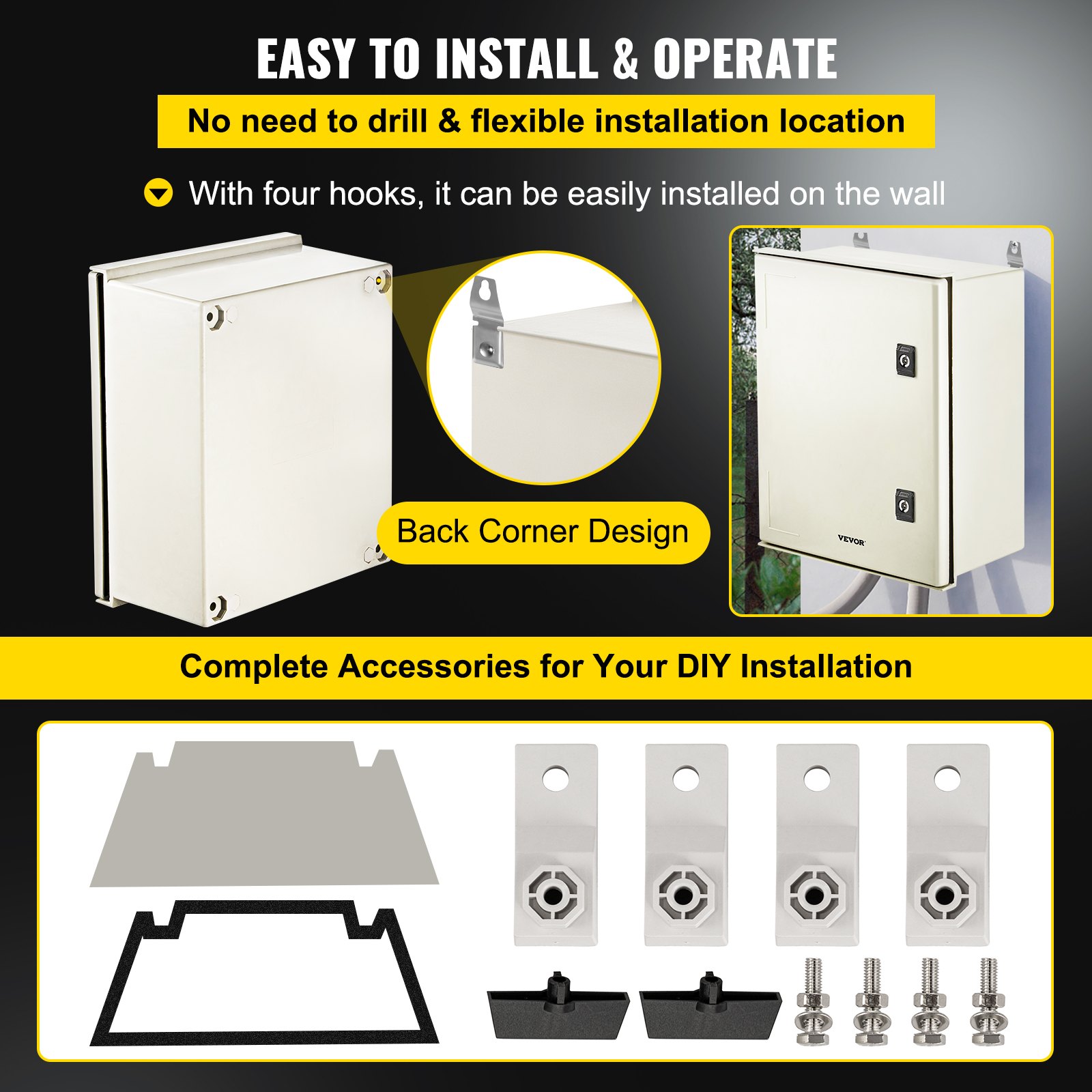 VEVOR NEMA Steel Enclosure, 16 x 12 x 8\'\' NEMA 4X Fiberglass Electrical Box, IP66 Waterproof & Dustproof, Outdoor/Indoor Electrical Junction Box, with Mounting Plate(40 x 30 x 20 cm)