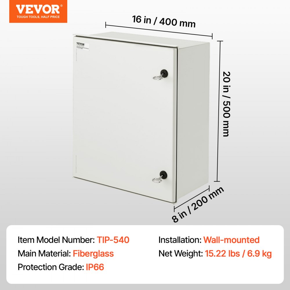 VEVOR NEMA Enclosure, 20 x 16 x 8 inches, NEMA 4X Fiberglass Steel Electrical Box, IP66 Waterproof & Dustproof Hinged Junction Box for Outdoor Indoor Use, with Mounting Plate(50x40x20 cm))