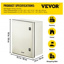 VEVOR Fiberglass Enclosure 19.7 x 15.7 x7.9" Electrical Enclosure Box NEMA 3X Electronic Equipment Enclosure Box IP65 Weatherproof Wall-Mounted Electrical Enclosure With Hinges & Quarter-Turn Latches