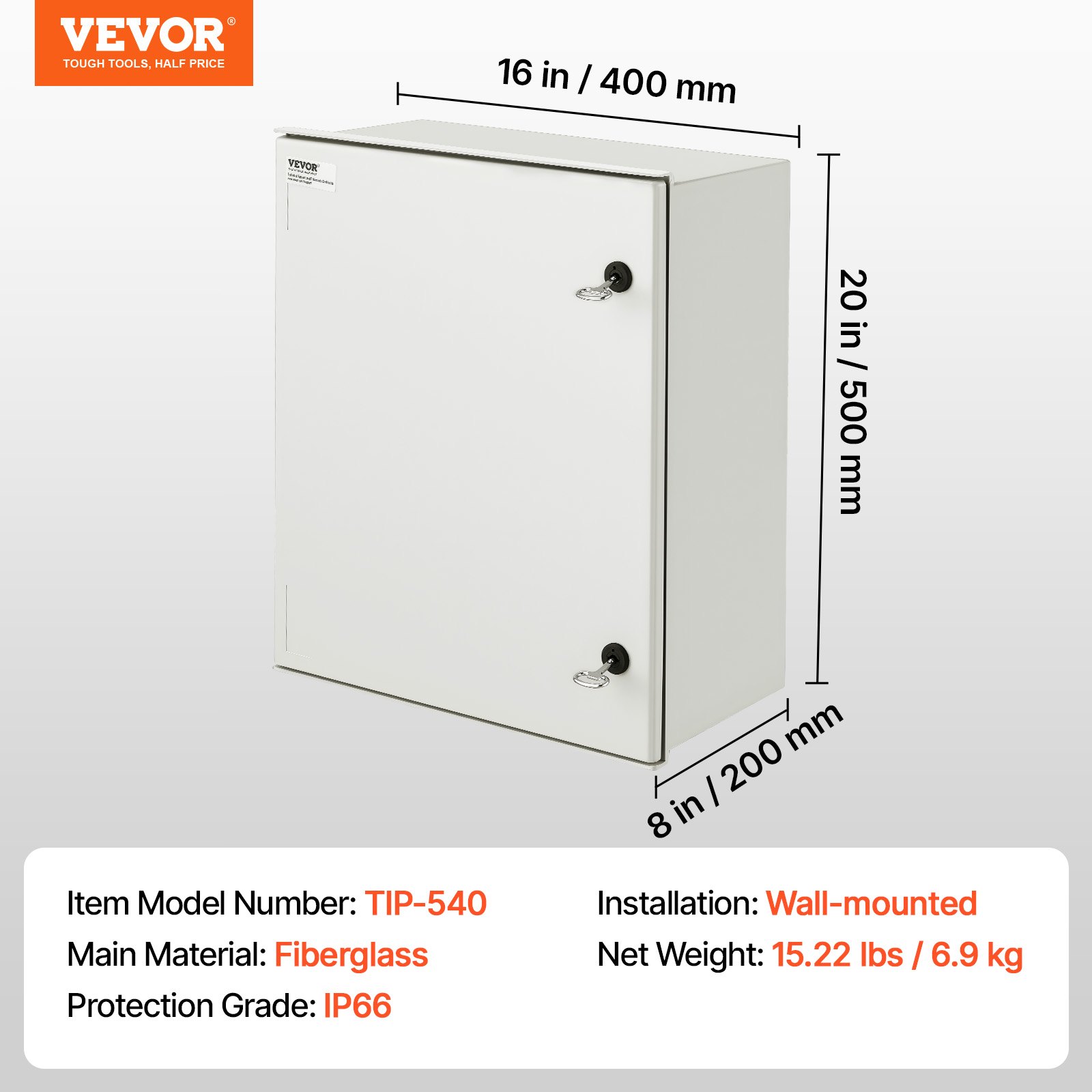 VEVOR NEMA Enclosure, 20 x 16 x 8 inches, NEMA 4X Fiberglass Steel Electrical Box, IP66 Waterproof & Dustproof Hinged Junction Box for Outdoor Indoor Use, with Mounting Plate(50x40x20 cm))