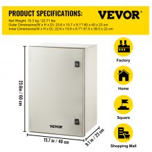VEVOR NEMA Steel Enclosure, 24 x 16 x 9\'\' NEMA 4X Fiberglass Electrical Box, IP66 Waterproof & Dustproof, Outdoor/Indoor Electrical Junction Box, with Mounting Plate(60 x 40 x 23 cm)