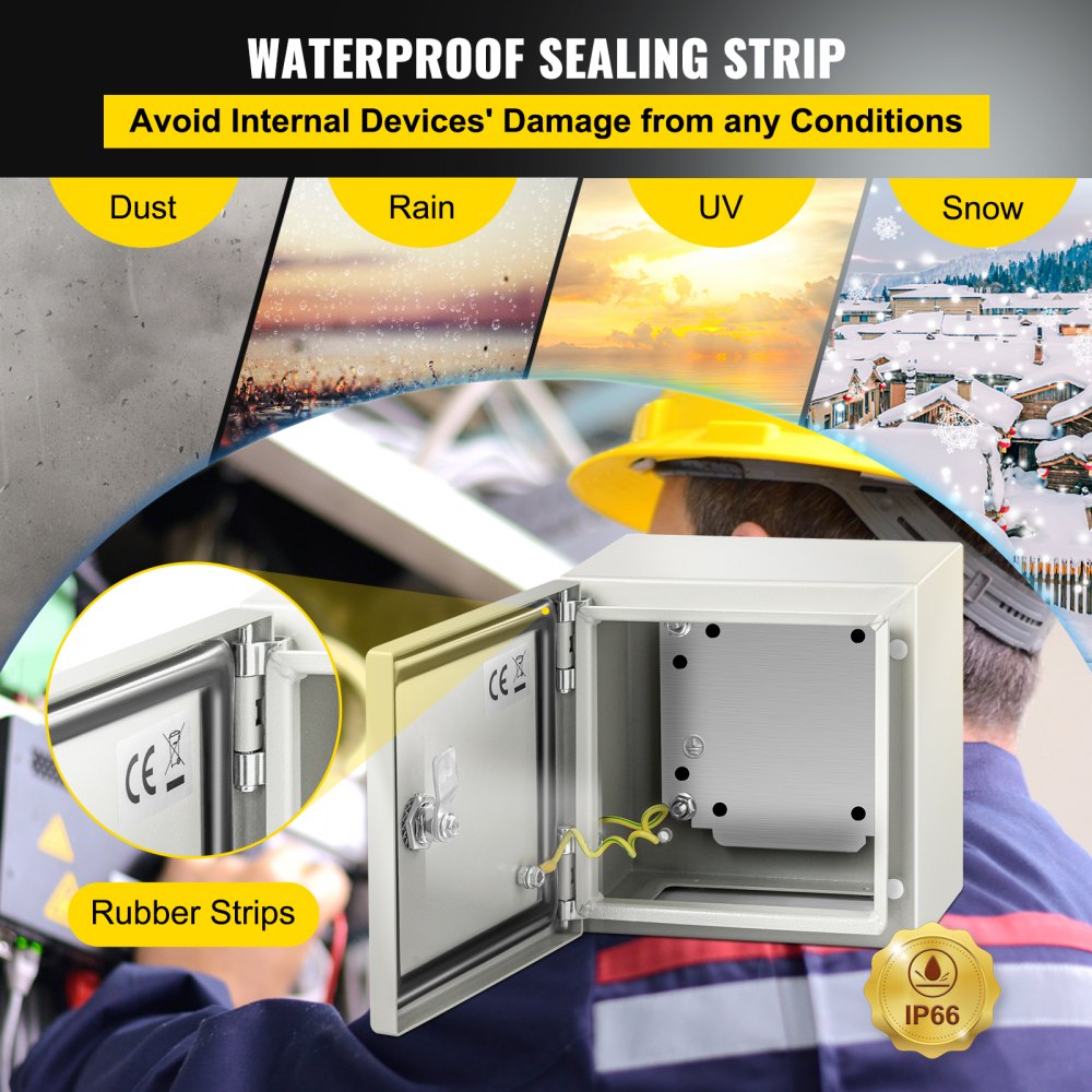 VEVOR Steel Electrical Box,20x20x15CM, Electrical Enclosure Box, Carbon Steel Hinged Junction Box, IP65 Weatherproof Metal Box, Wall-Mounted Electronic Equipment Enclosure Box with Mounting Plate