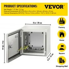 VEVOR NEMA Steel Enclosure, 8 x 8 x 6'' NEMA 4X Steel Electrical Box, IP66 Waterproof & Dustproof, Outdoor / Indoor Electrical Junction Box