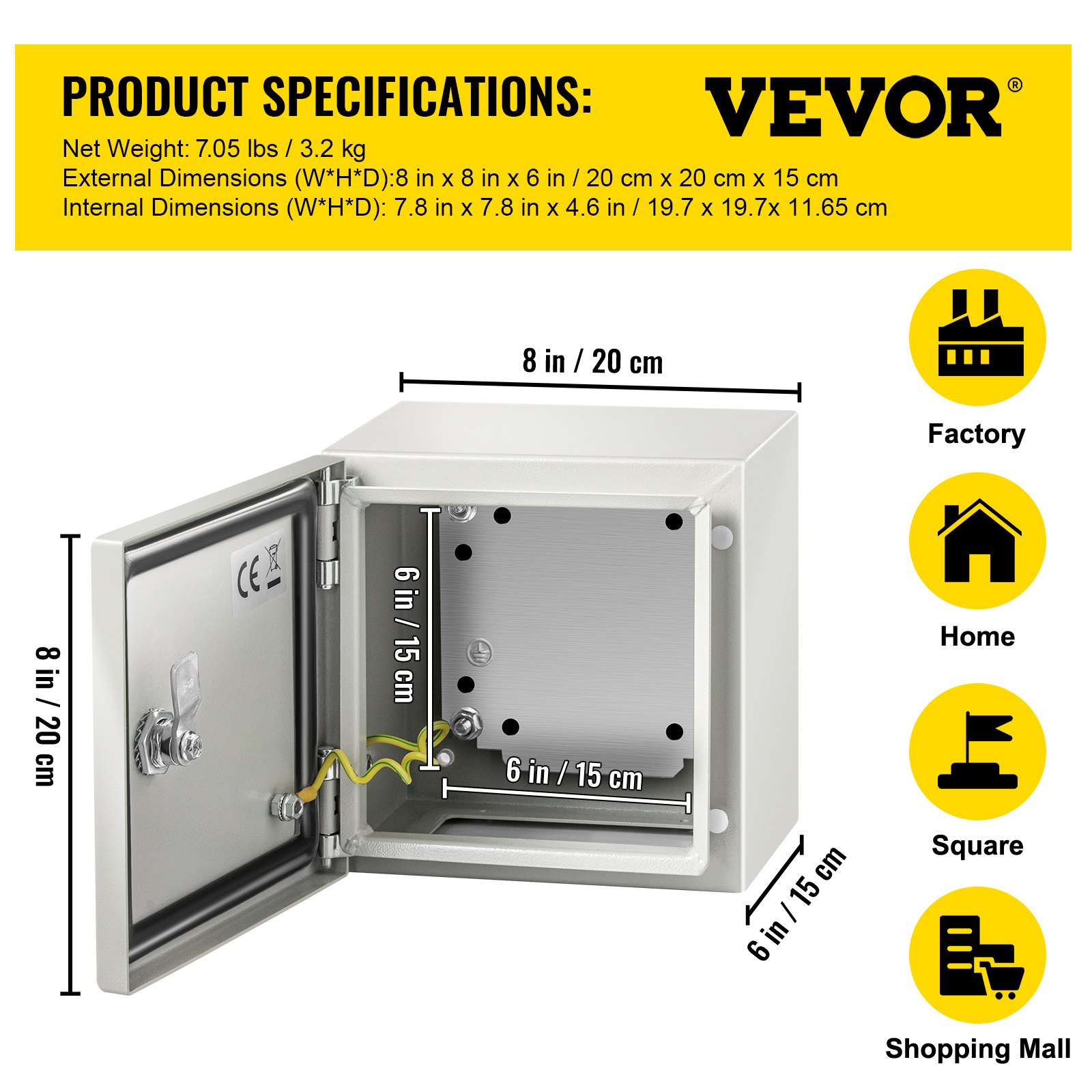 VEVOR NEMA Metal Case, 8x8x6'' NEMA 4X Metal Electric Enclosure, IP66 Water & Dust Resistant, Suitable for Both Outdoor & Indoor Electrical Connections