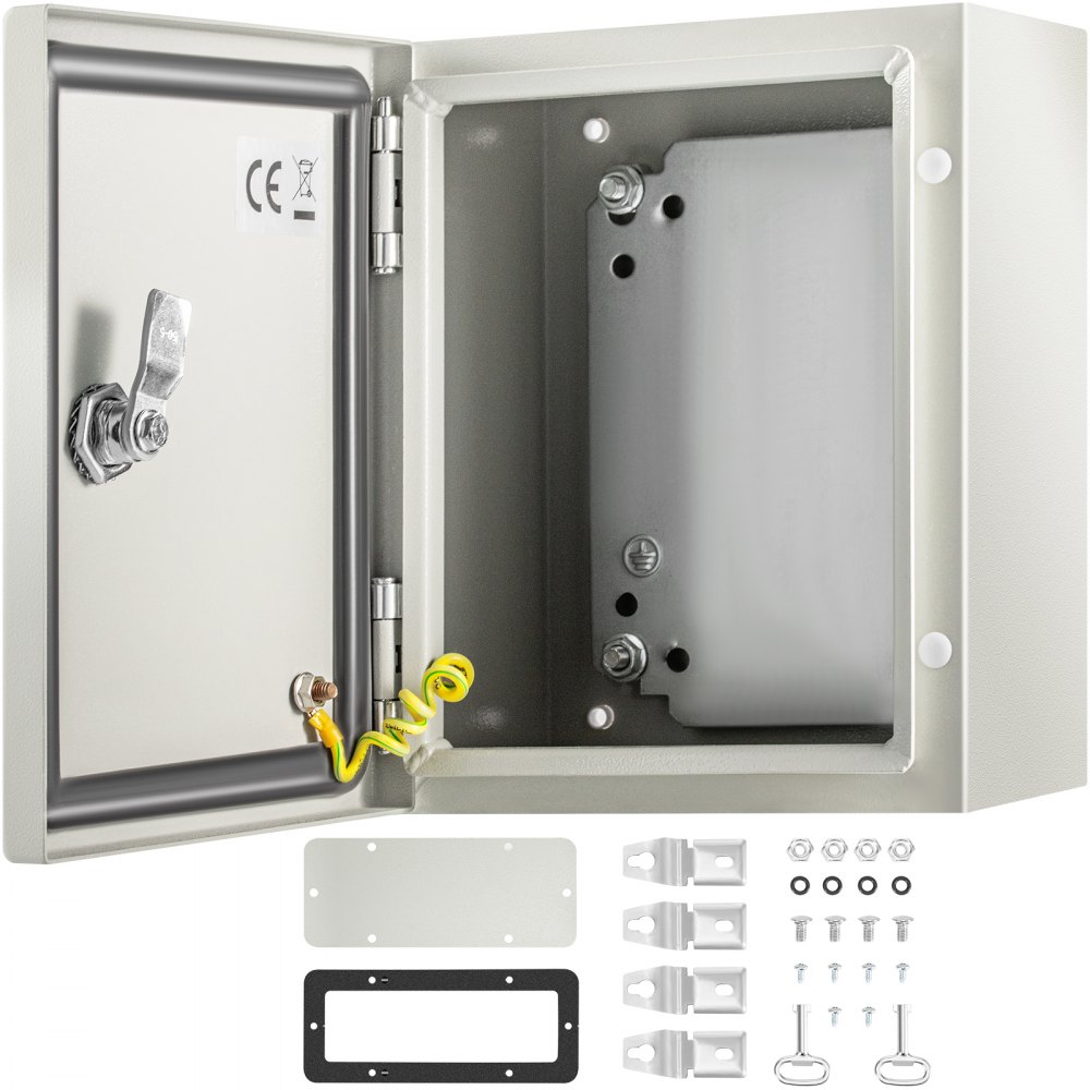 VEVOR Steel Electrical Box 10'' x 8'' x 6'' Electrical Enclosure Box, Carbon Steel Hinged Junction Box, IP65 Weatherproof Metal Box, Wall-Mounted Electronic Equipment Enclosure Box with Mounting Plate