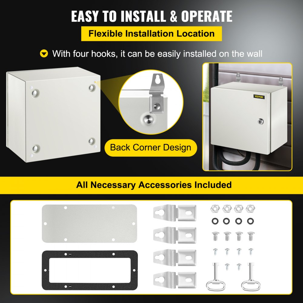 VEVOR NEMA Steel Enclosure, 12 x 12 x 8\'\' NEMA 4X Steel Electrical Box, IP66 Waterproof & Dustproof, Outdoor/Indoor Electrical Junction Box, with Mounting Plate