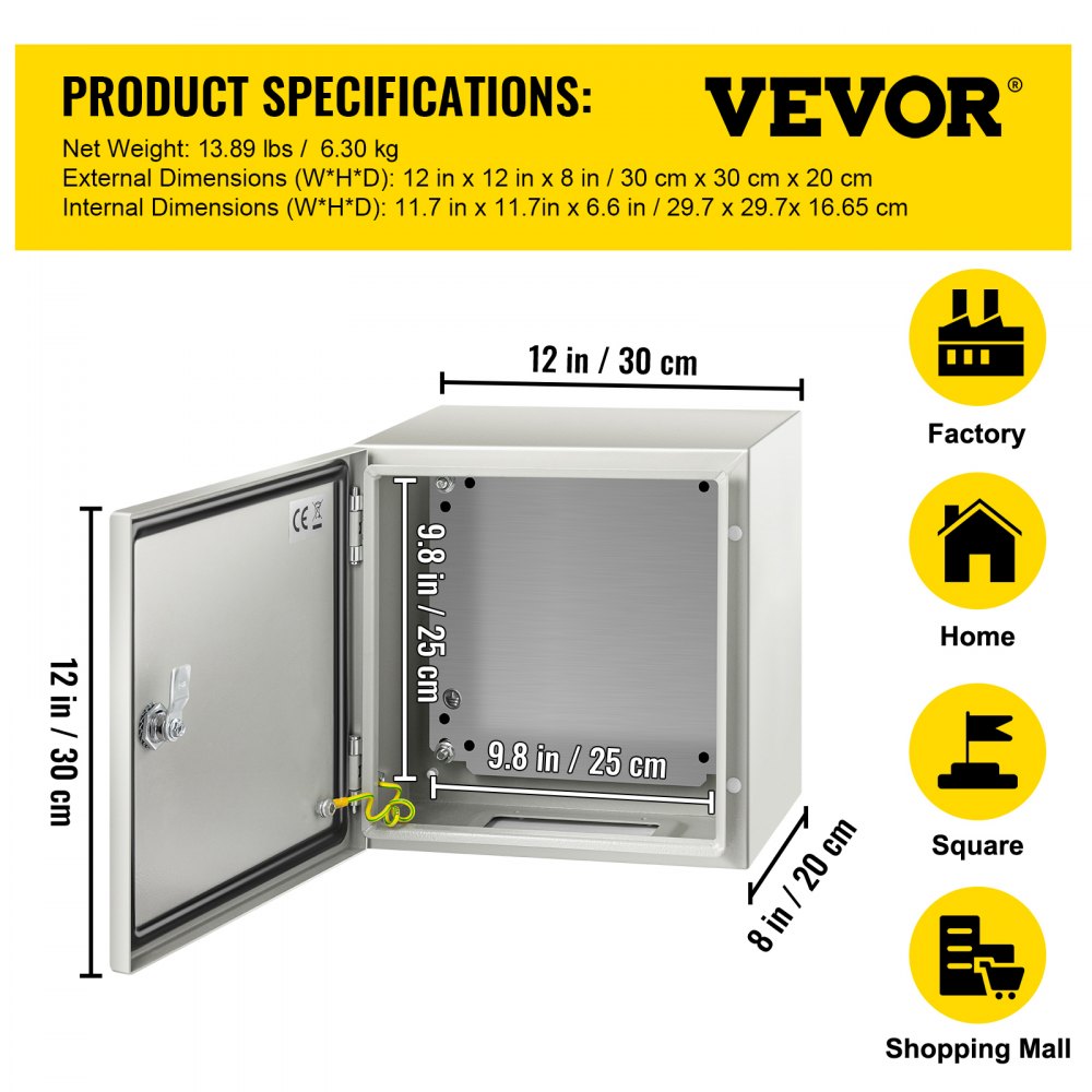 VEVOR NEMA Steel Enclosure, 12 x 12 x 8\'\' NEMA 4X Steel Electrical Box, IP66 Waterproof & Dustproof, Outdoor/Indoor Electrical Junction Box, with Mounting Plate