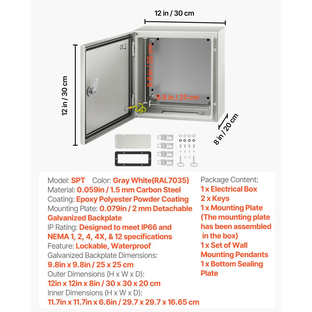 VEVOR NEMA Steel Enclosure, 12 x 12 x 8\'\' NEMA 4X Steel Electrical Box, IP66 Waterproof & Dustproof, Outdoor/Indoor Electrical Junction Box, with Mounting Plate