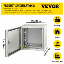 VEVOR NEMA Steel Enclosure, 12 x 12 x 8\'\' NEMA 4X Steel Electrical Box, IP66 Waterproof & Dustproof, Outdoor/Indoor Electrical Junction Box, with Mounting Plate