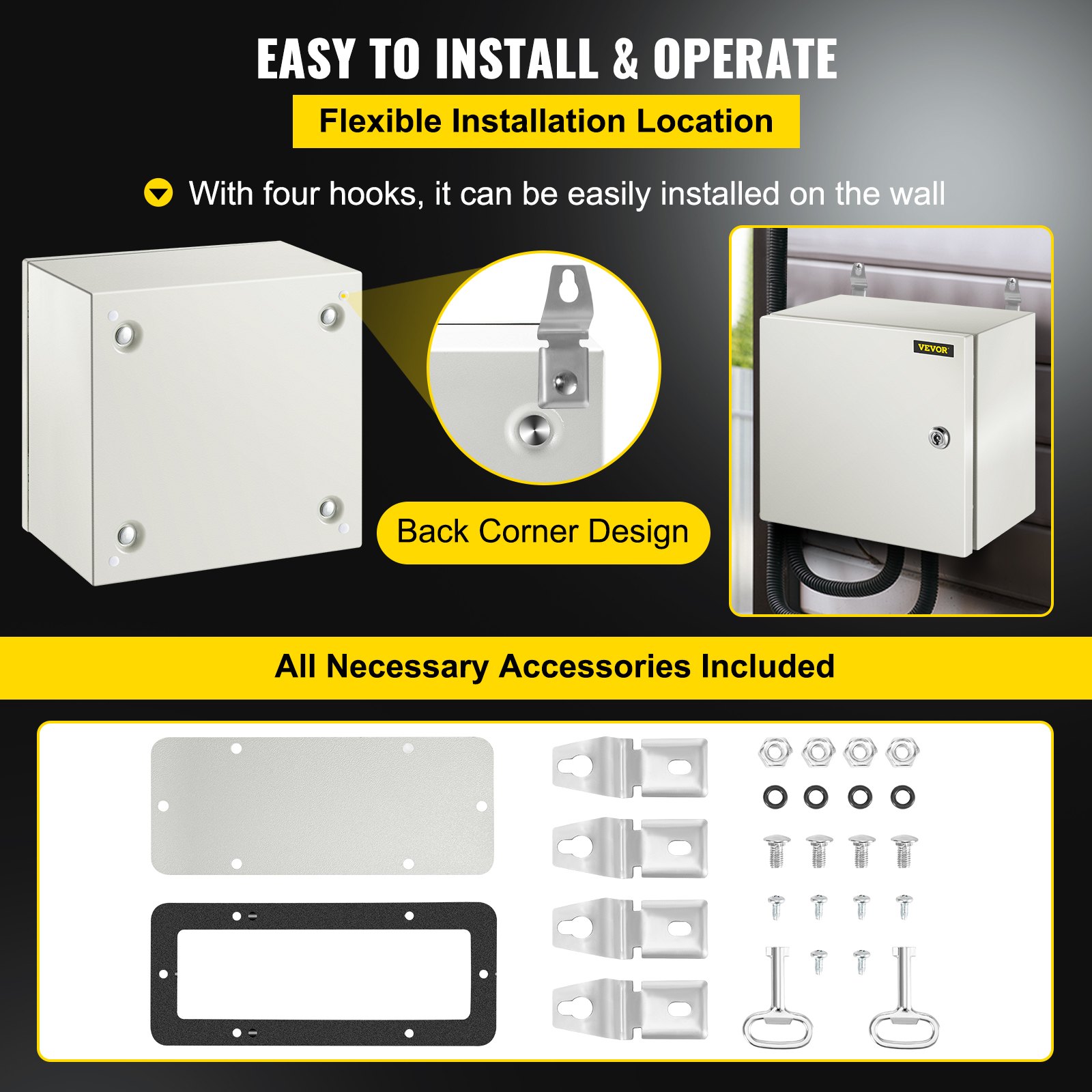 VEVOR NEMA Steel Enclosure, 12 x 12 x 8\'\' NEMA 4X Steel Electrical Box, IP66 Waterproof & Dustproof, Outdoor/Indoor Electrical Junction Box, with Mounting Plate