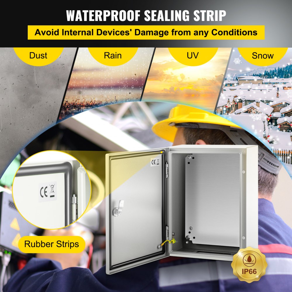 VEVOR Carbon Steel Electrical Box, 16 x 12 x 6 inches, Hinged Cover, IP66 Waterproof & Dust Resistant, Suitable for Outdoor Use, Includes Mounting Plate