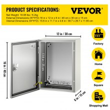 VEVOR Steel Electrical Box 16 x 12 x 6" Electrical Enclosure Box, Carbon Steel Hinged Junction Box, IP65 Weatherproof Metal Box Wall-Mounted Electronic Equipment Enclosure Box with Mounting Plate