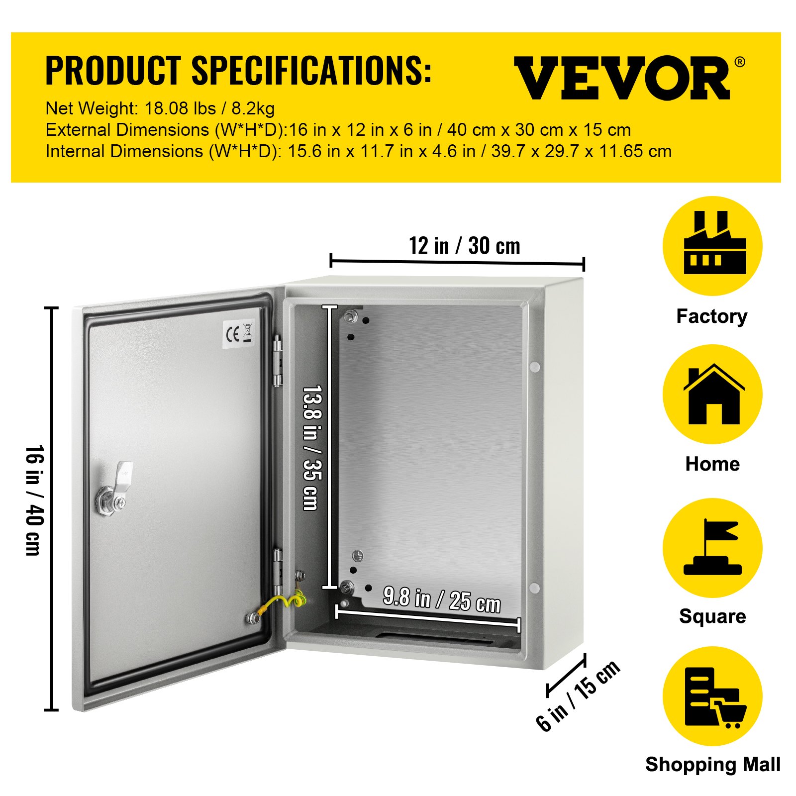 VEVOR Carbon Steel Electrical Box, 16x12x6 inches, Hinged Cover, IP66 Waterproof & Dust Resistant, Suitable for Outdoor Use, Includes Mounting Plate