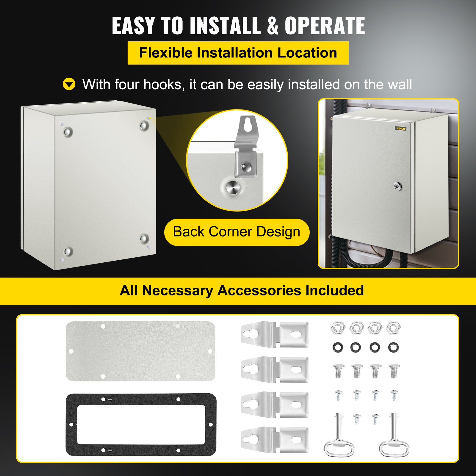 VEVOR Steel Electrical Box 40 x 30 x 20 cm Electrical Enclosure Box, Carbon Steel Hinged Junction Box, IP65 Weatherproof Metal Box Wall-Mounted Electronic Equipment Enclosure Box with Mounting Plate