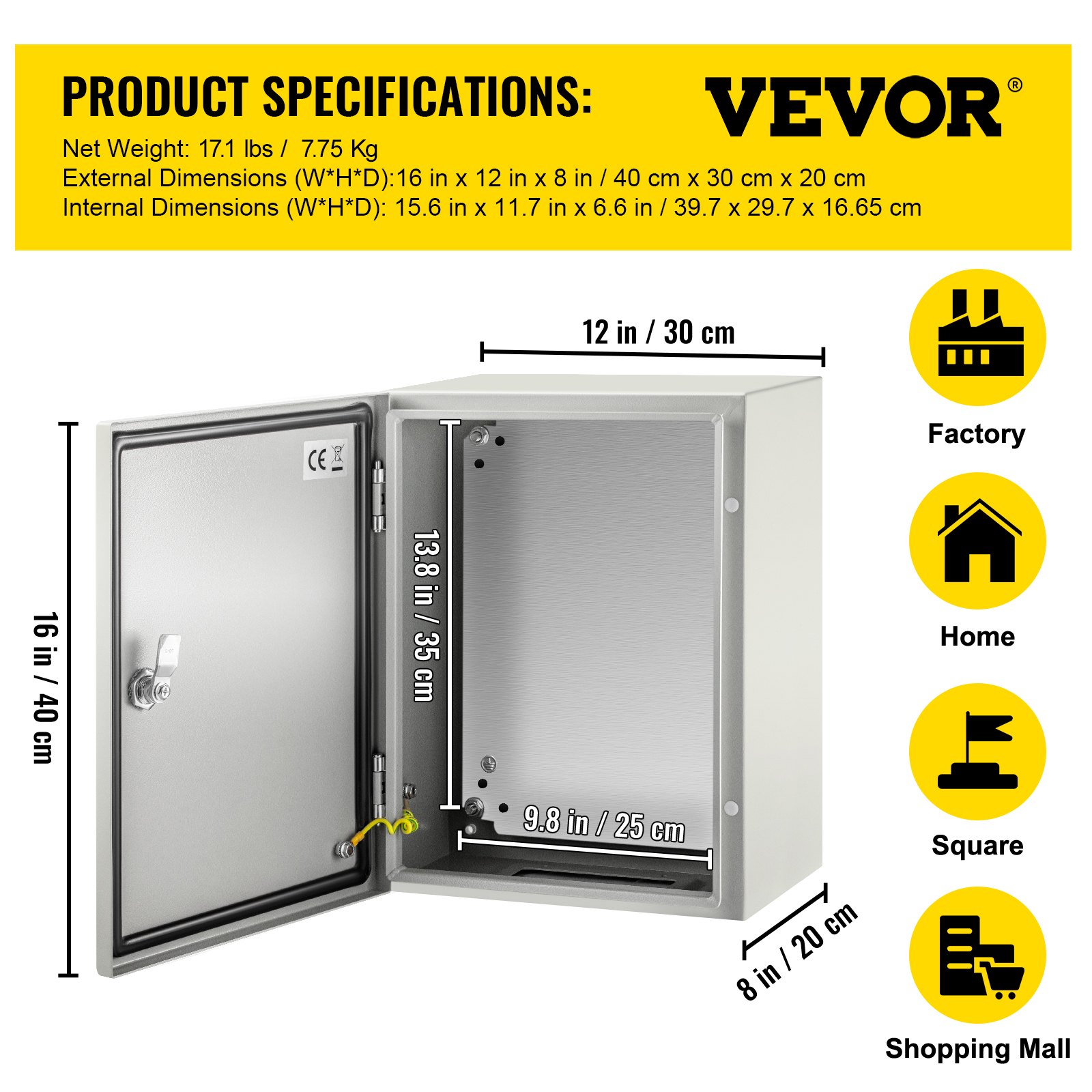 VEVOR Steel Electrical Box 40 x 30 x 20 cm Electrical Enclosure Box, Carbon Steel Hinged Junction Box, IP65 Weatherproof Metal Box Wall-Mounted Electronic Equipment Enclosure Box with Mounting Plate