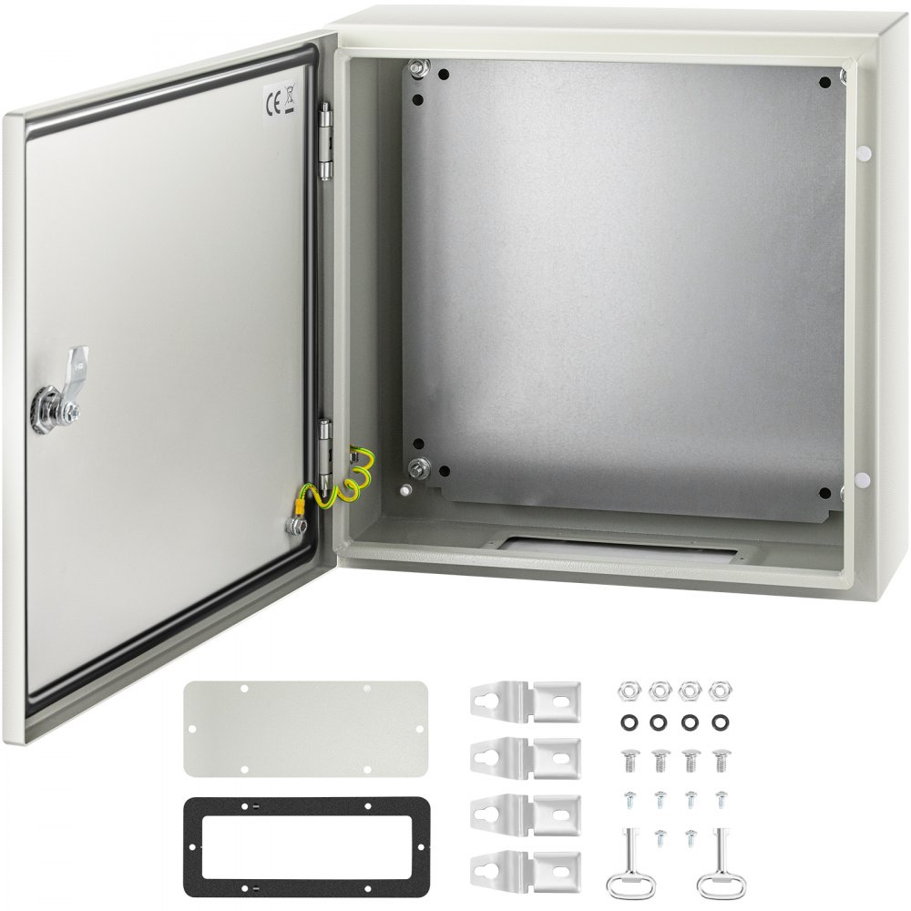 VEVOR nema 4x steel enclosure open with installation hardware displayed.