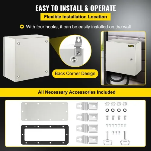 VEVOR 16x16x8 Inch Steel Electrical Enclosure Box – IP66 Weatherproof Hinged Junction Box With Mounting Plate, Gray
