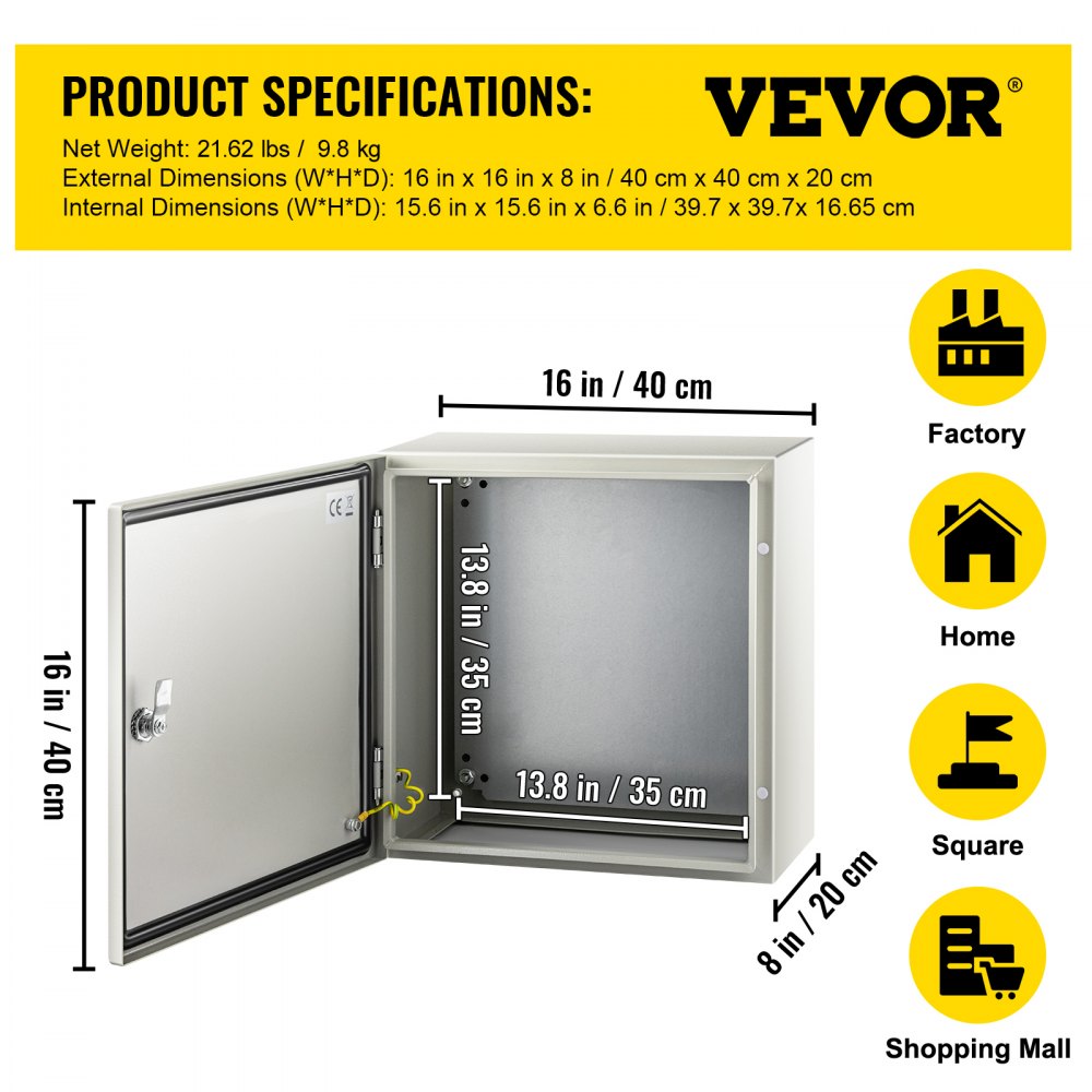 VEVOR NEMA Steel Enclosure, 40 x 40 x 20 cm NEMA 4X Steel Electrical Box, IP66 Waterproof & Dustproof, Outdoor/Indoor Electrical Junction Box, with Mounting Plate