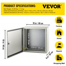 VEVOR Steel Electrical Box 16 x 16 x 8" Electrical Enclosure Box, Carbon Steel Hinged Junction Box, IP65 Weatherproof Metal Box Wall-Mounted Electronic Equipment Enclosure Box with Mounting Plate