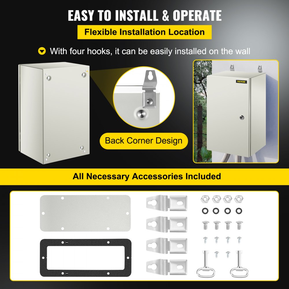 VEVOR NEMA Steel Enclosure, 20 x 12 x 10\'\' NEMA 4X Steel Electrical Box, IP66 Waterproof & Dustproof, Outdoor/Indoor Electrical Junction Box, with Mounting Plate