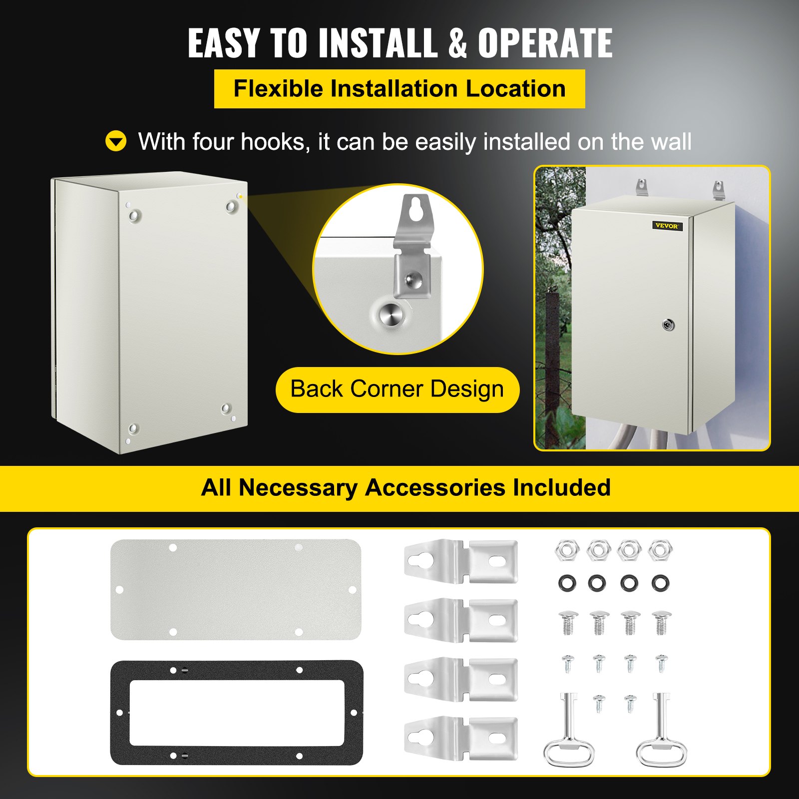 VEVOR NEMA Steel Enclosure, 50 x 30 x 25 cm NEMA 4X Steel Electrical Box, IP66 Waterproof & Dustproof, Outdoor/Indoor Electrical Junction Box, with Mounting Plate