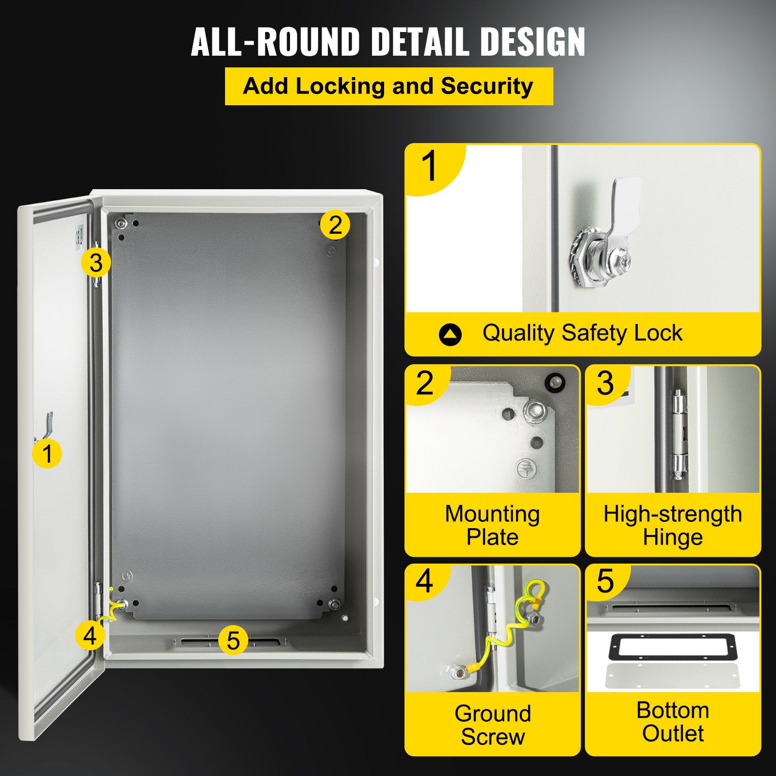 VEVOR NEMA Steel Enclosure, 20 x 12 x 10\'\' NEMA 4X Steel Electrical Box, IP66 Waterproof & Dustproof, Outdoor/Indoor Electrical Junction Box, with Mounting Plate