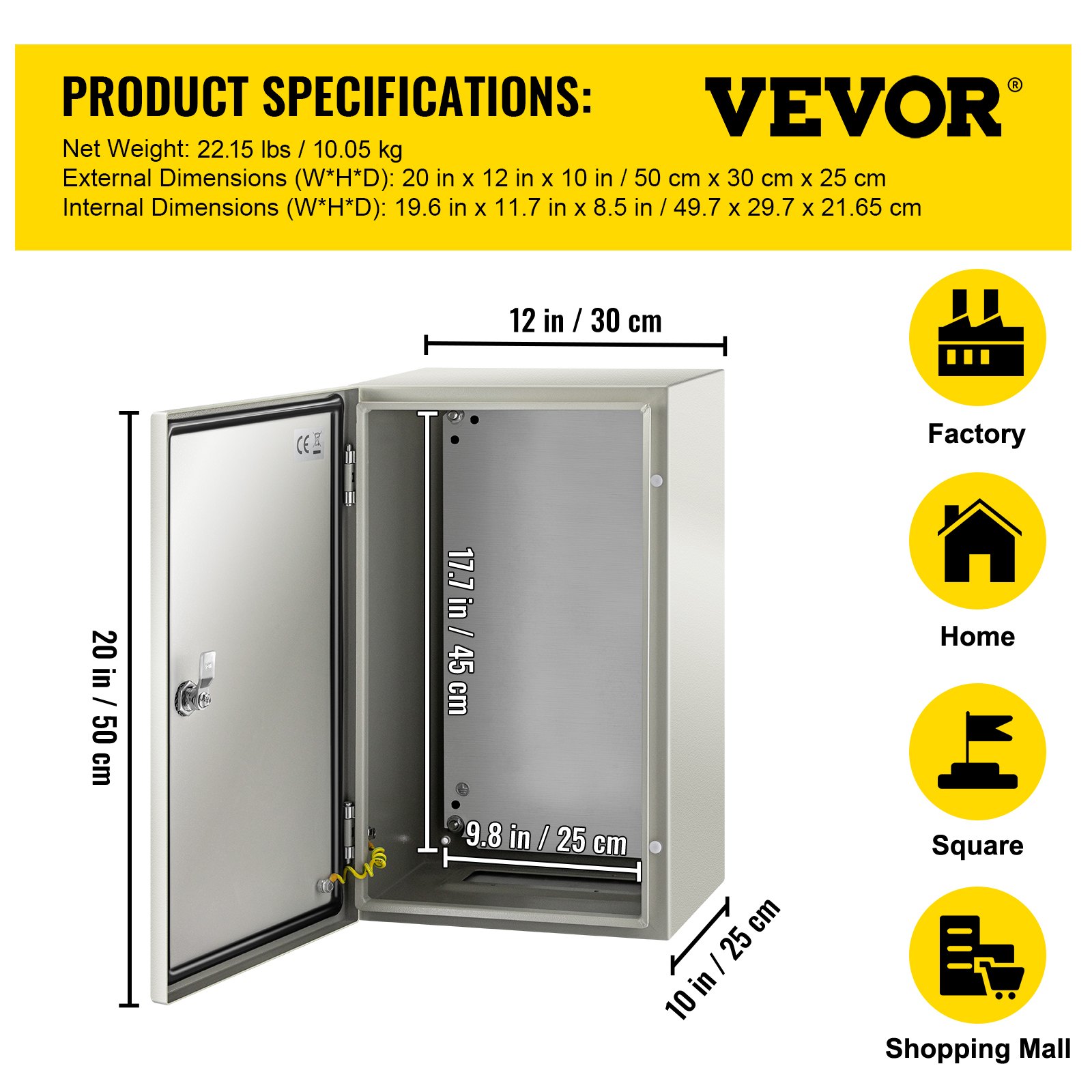 VEVOR NEMA Steel Enclosure, 20 x 12 x 10\'\' NEMA 4X Steel Electrical Box, IP66 Waterproof & Dustproof, Outdoor/Indoor Electrical Junction Box, with Mounting Plate