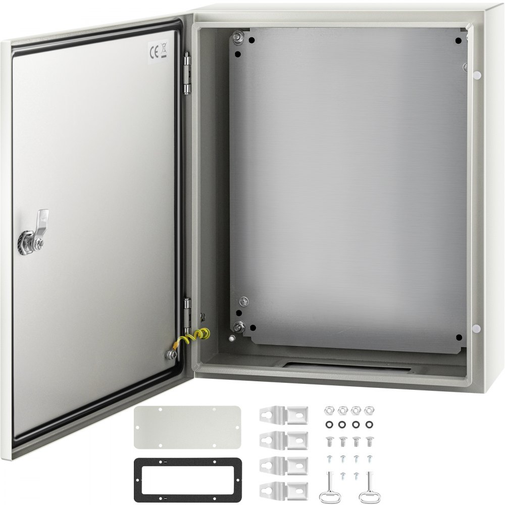 VEVOR nema steel enclosure with open door, mounting plate, and included accessories.