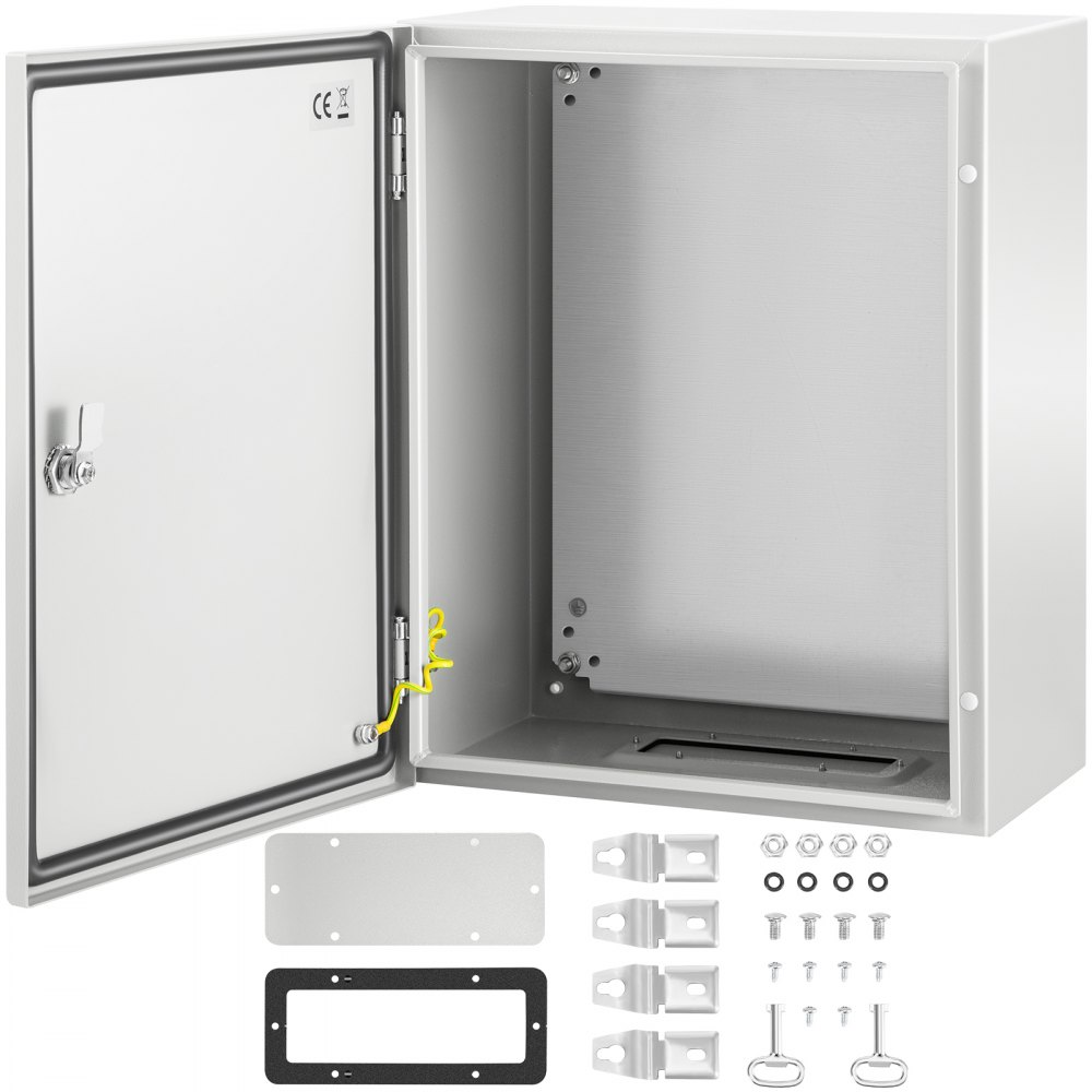 VEVOR nema steel enclosure with open door and mounting hardware set.