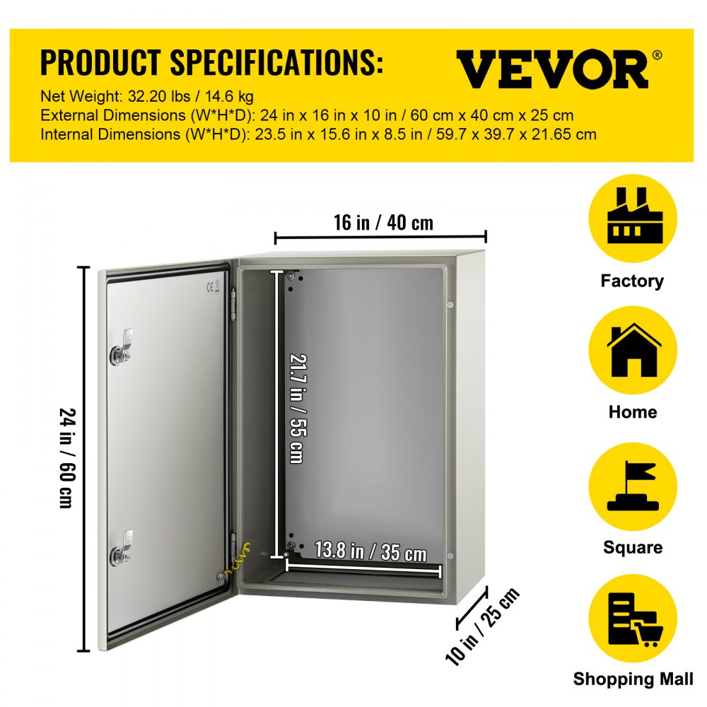 VEVOR NEMA Steel Enclosure, 24 x 16 x 10\'\' NEMA 4X Steel Electrical Box, IP66 Waterproof & Dustproof, Outdoor/Indoor Electrical Junction Box, with Mounting Plate