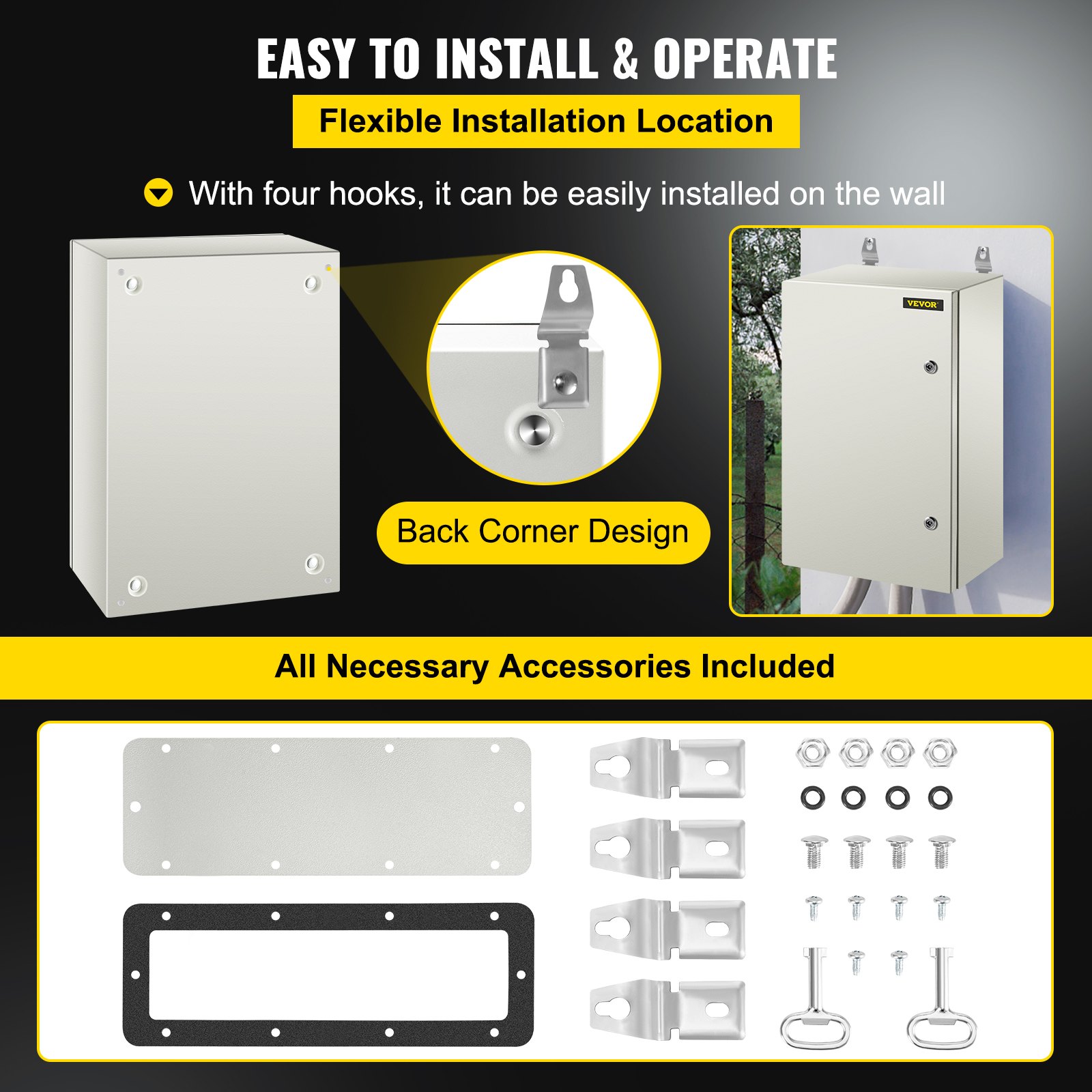 VEVOR NEMA Steel Enclosure, 24 x 16 x 10\'\' NEMA 4X Steel Electrical Box, IP66 Waterproof & Dustproof, Outdoor/Indoor Electrical Junction Box, with Mounting Plate