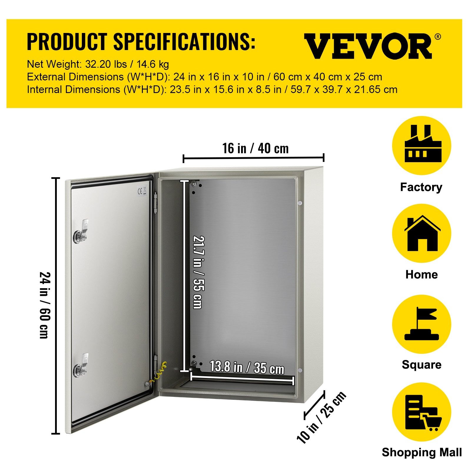VEVOR NEMA Steel Enclosure,60 x 40 x 25 cm NEMA 4X Steel Electrical Box, IP66 Waterproof & Dustproof, Outdoor/Indoor Electrical Junction Box, with Mounting Plate