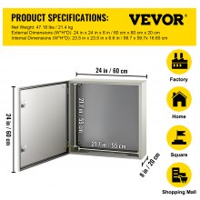 VEVOR Steel Electrical Box 24'' x 24'' x 8'' Electrical Enclosure Box, Carbon Steel Hinged Junction Box, IP65 Weatherproof Metal Box Wall-Mounted Electronic Equipment Enclosure Box with Mounting Plate