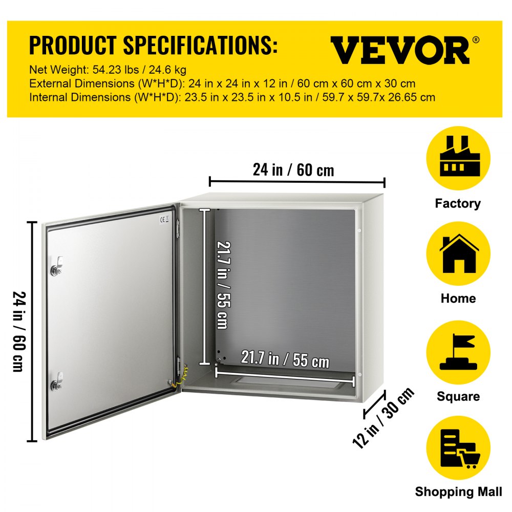 VEVOR NEMA Metal Case, 24x24x12'' NEMA 4X Metal Electric Enclosure, IP66 Water & Dust Resistant, Suitable for Both Outdoor & Indoor Use, Includes Mounting Plate