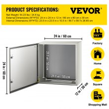 VEVOR Steel Electrical Box 24'' x 24'' x 12'' Electrical Enclosure, Carbon Steel Hinged Junction Box, IP65 Weatherproof Metal Box Wall-Mounted Electronic Equipment Enclosure Box with Mounting Plate